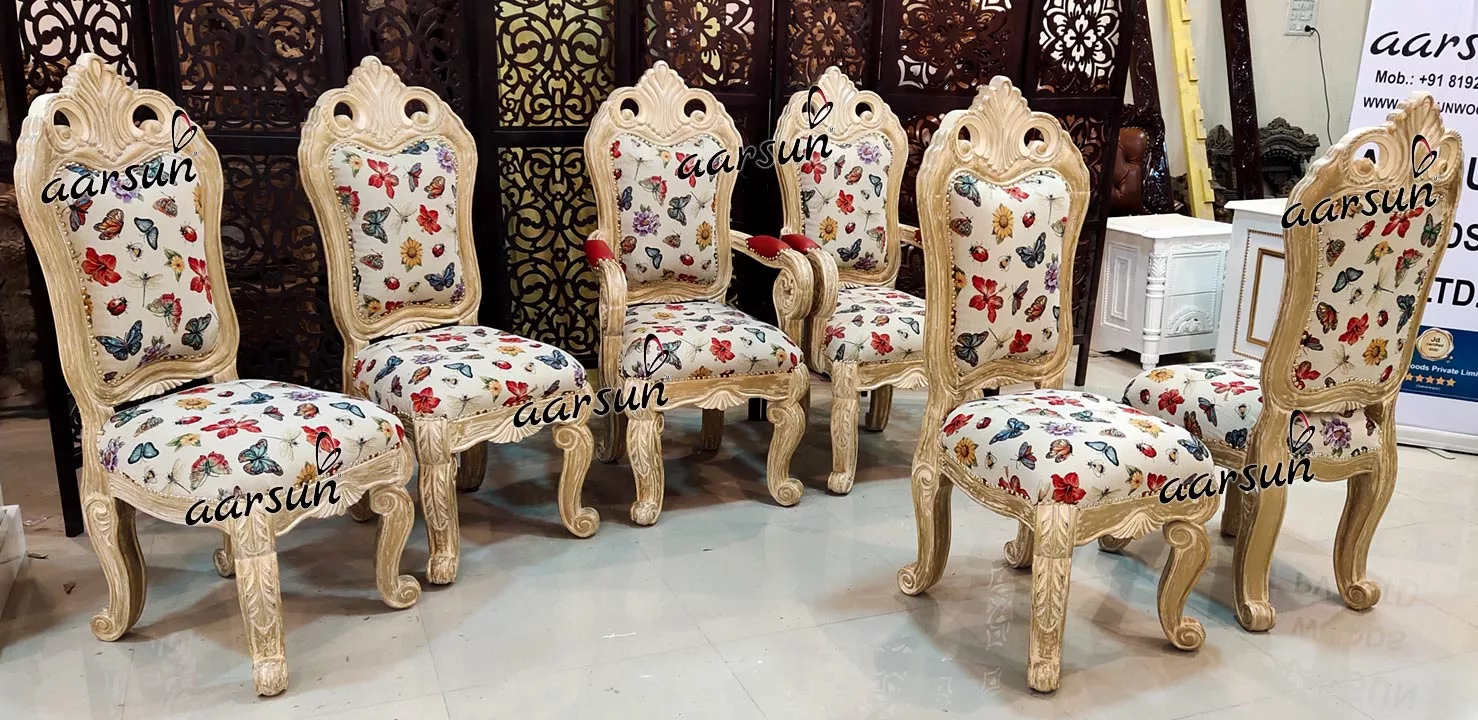 Distressed Carved Dining Chairs | White & Beige view 5