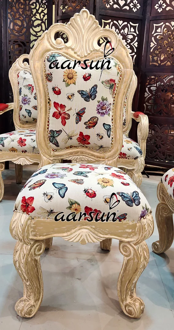 Distressed Carved Dining Chairs | White & Beige view 6