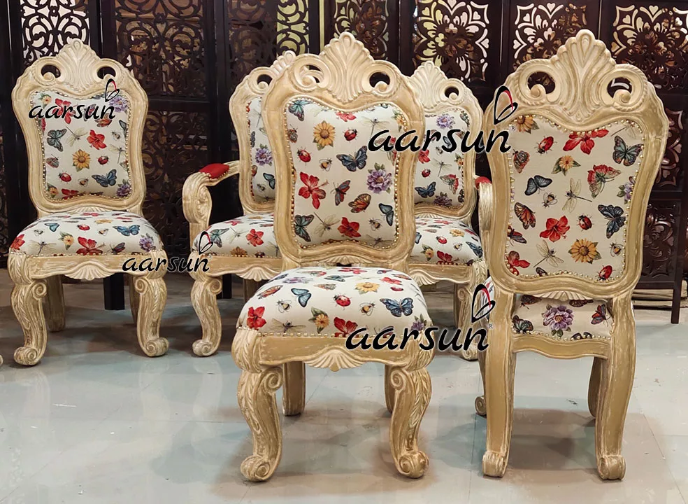 Distressed Carved Dining Chairs | White & Beige view 7