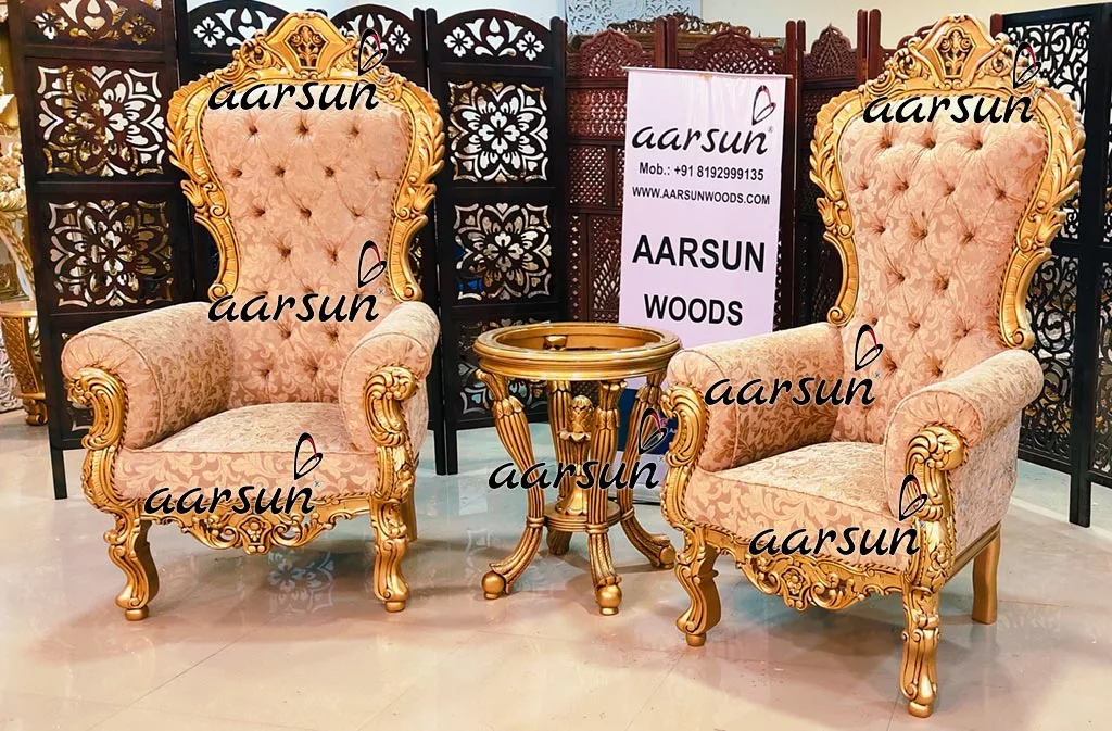 Royal High Back Chairs with Side Stool in Royal Gold Polished & Carved in Teak Wood view 6
