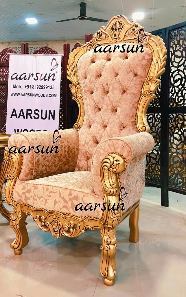 Royal High Back Chairs with Side Stool in Royal Gold Polished & Carved in Teak Wood view 7