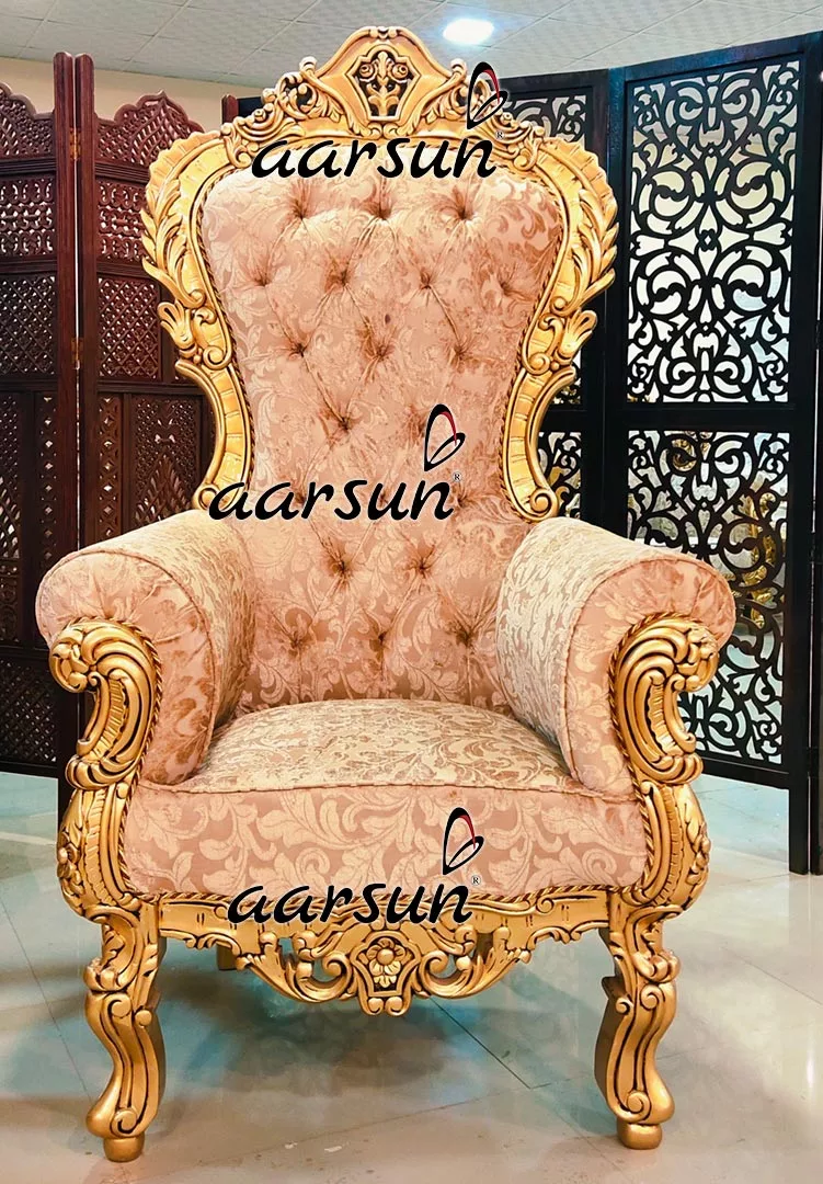 Royal High Back Chairs with Side Stool in Royal Gold Polished & Carved in Teak Wood view 8
